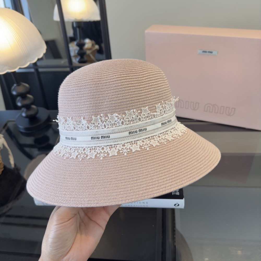 Miu Miu Lace-Trimmed Straw Cloche Hat Beige Summer Luxury